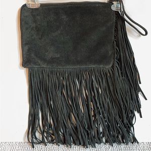 Zara Genuine Black Suede Leather Fringe Clutch Wristlet